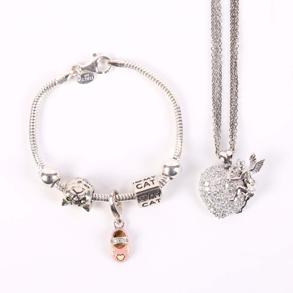 Sterling Silver Charm Bracelet and Three Strand Necklace