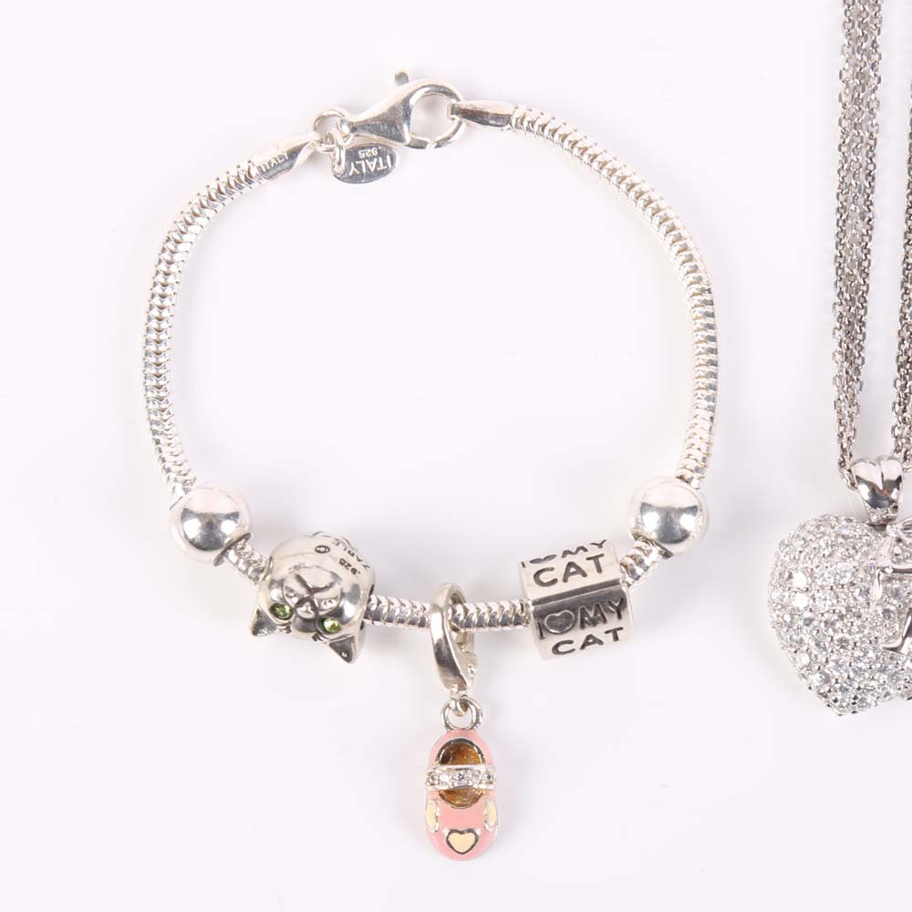 Sterling Silver Charm Bracelet and Three Strand Necklace