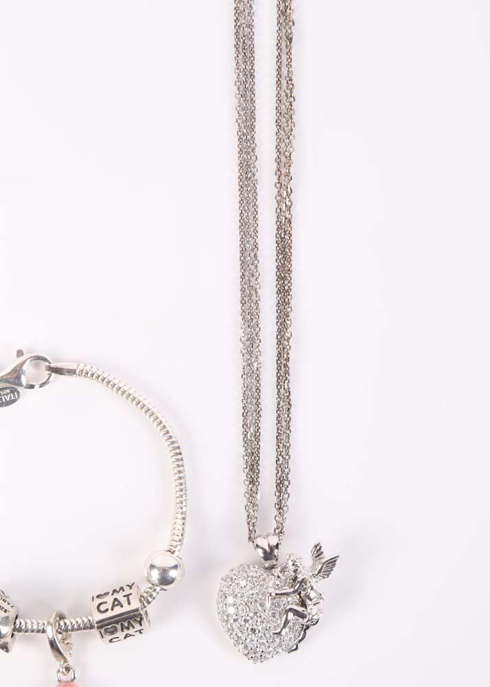 Sterling Silver Charm Bracelet and Three Strand Necklace