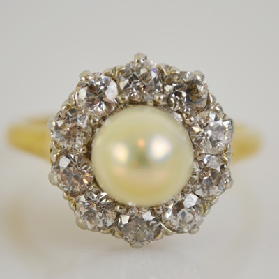 14K Yellow Gold and Platinum Cultured Pearl and Diamond Ring
