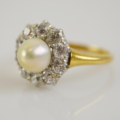 14K Yellow Gold and Platinum Cultured Pearl and Diamond Ring