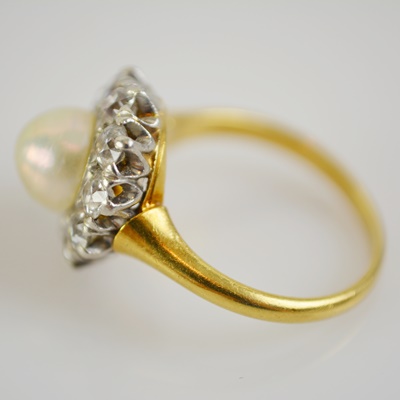 14K Yellow Gold and Platinum Cultured Pearl and Diamond Ring