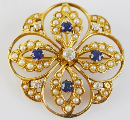 14K Yellow Gold Sapphire and Diamond Converter Brooch