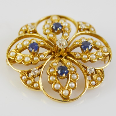 14K Yellow Gold Sapphire and Diamond Converter Brooch