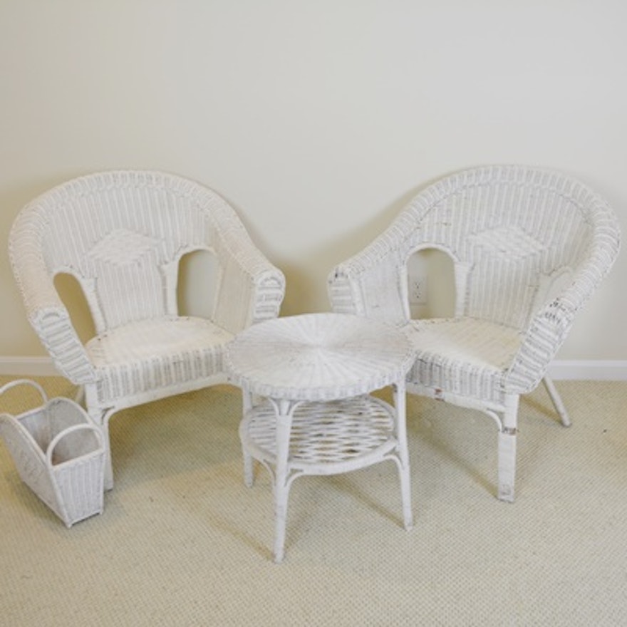 White Wicker Chairs, Round Table and Magazine Basket