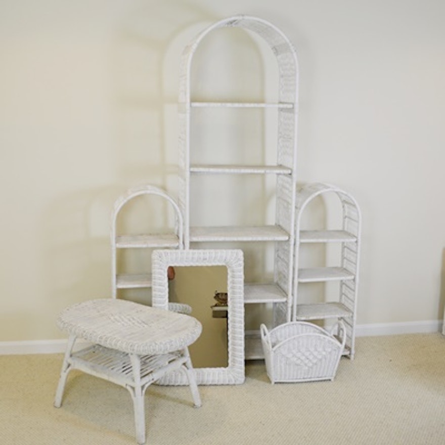 White Wicker Etagere/Shelves and Other Wicker Furniture