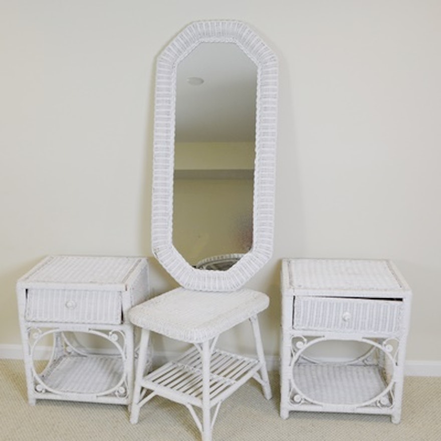 White Wicker End Tables, Side Table and Mirror