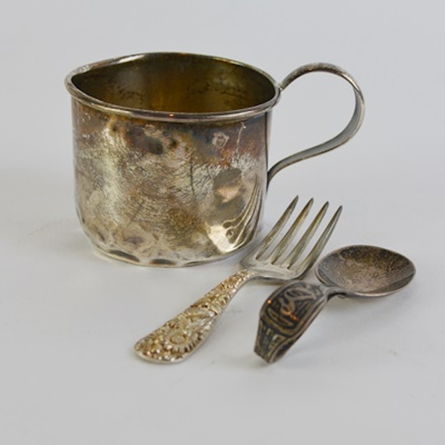Sterling Silver Childs' Cup and Utensils by Webster & Co. and S. Kirk & Sons
