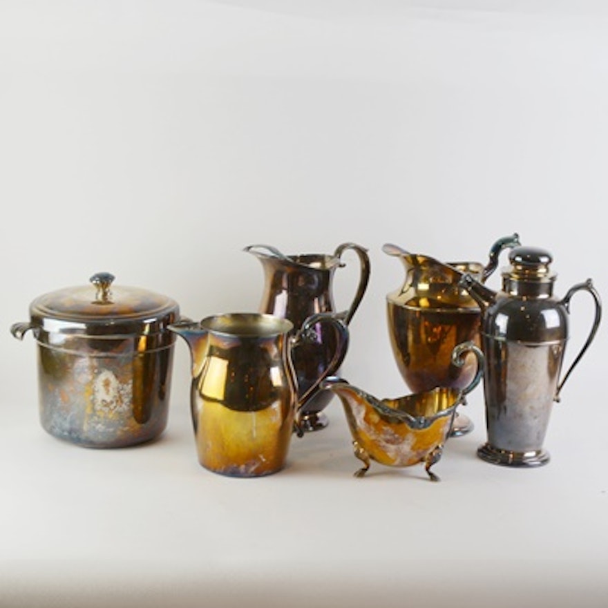 Silver Plate Pitchers, Ice Bucket and Shaker