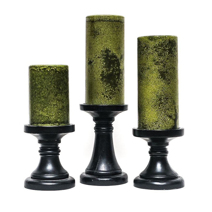 Three Graduated Pillar Candle Holders with Candles