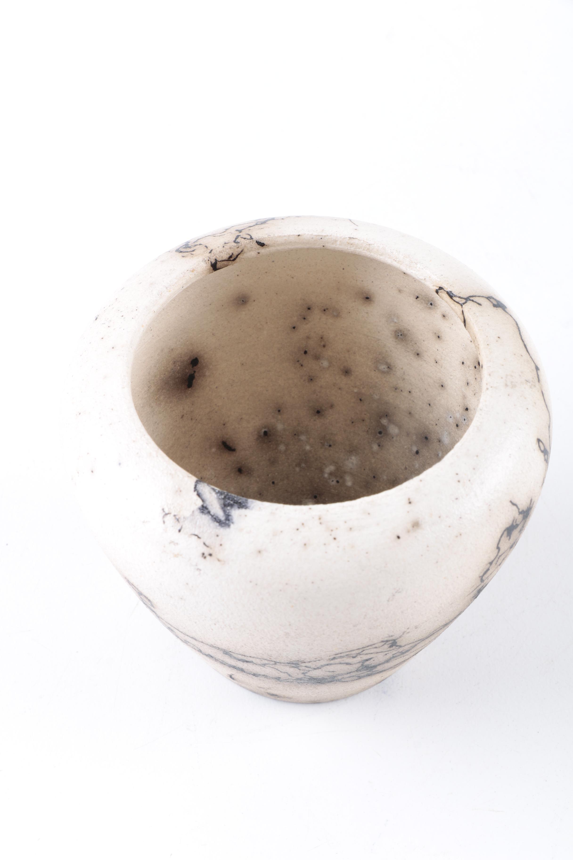 Hand Thrown White Stoneware Raku Horsehair Vase