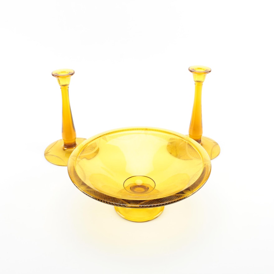 Amber Glass Compote with Candlesticks