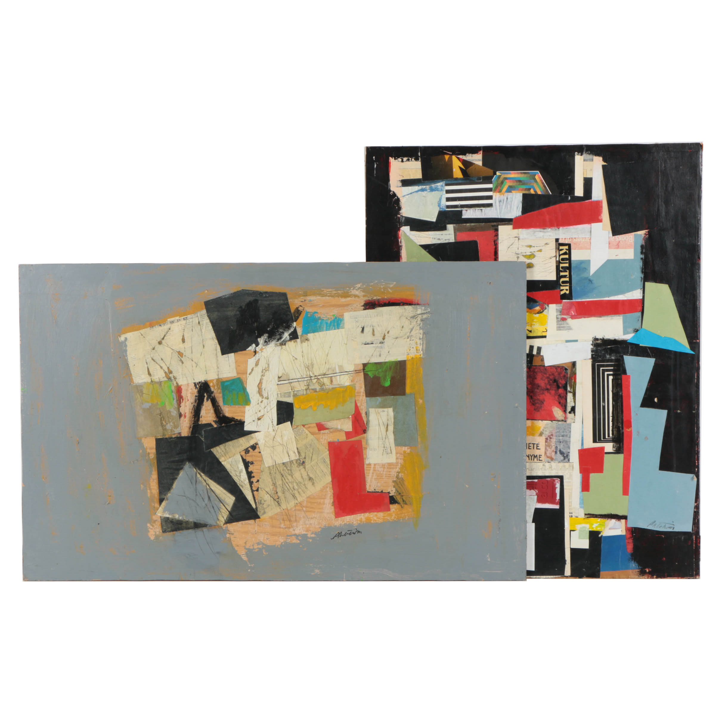 Pair of Ronald Ahlström Mixed Media Collage on Wood Abstract Compositions