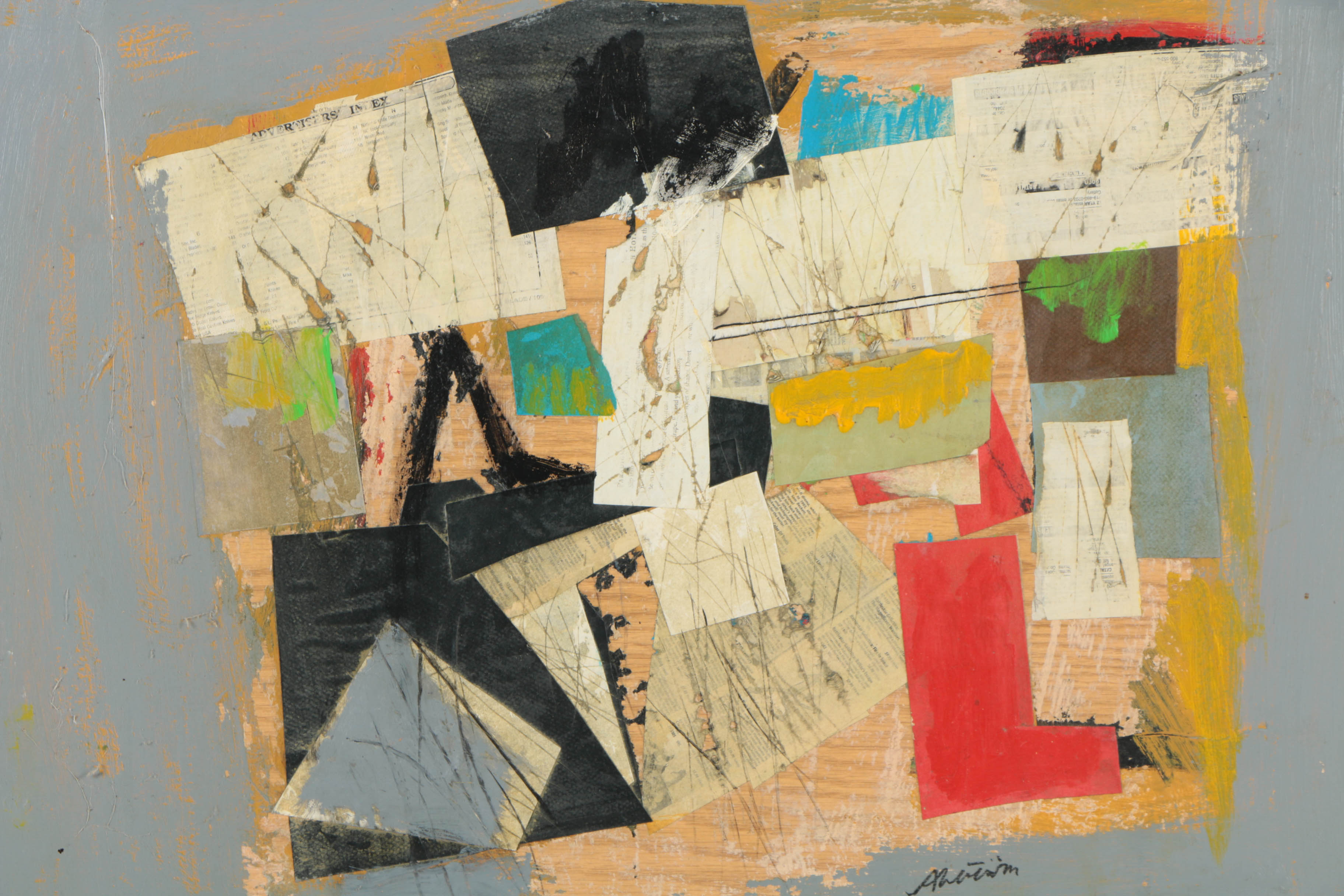 Pair of Ronald Ahlström Mixed Media Collage on Wood Abstract Compositions