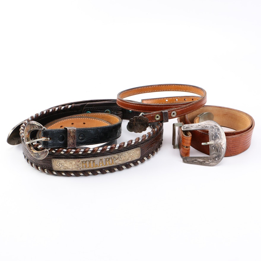 Women's Leather Belts Including Sterling Overlaid Buckles