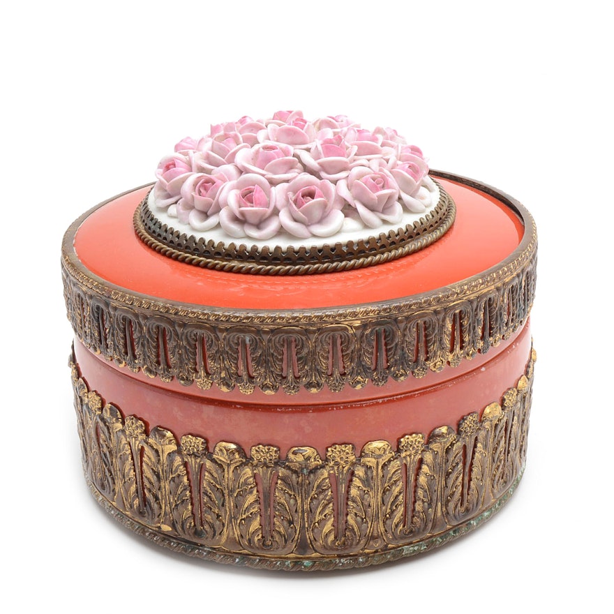 Vintage German Porcelain and Brass Trinket Box, After Von Schierholz