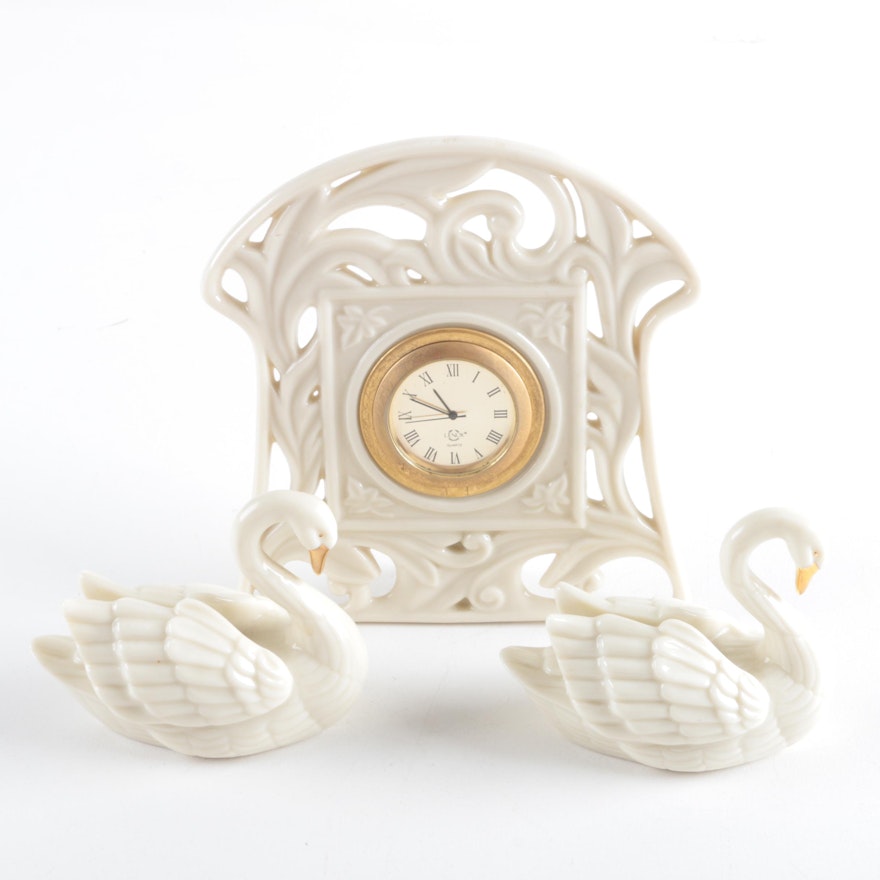 Two Lenox Swans And Mantle Clock