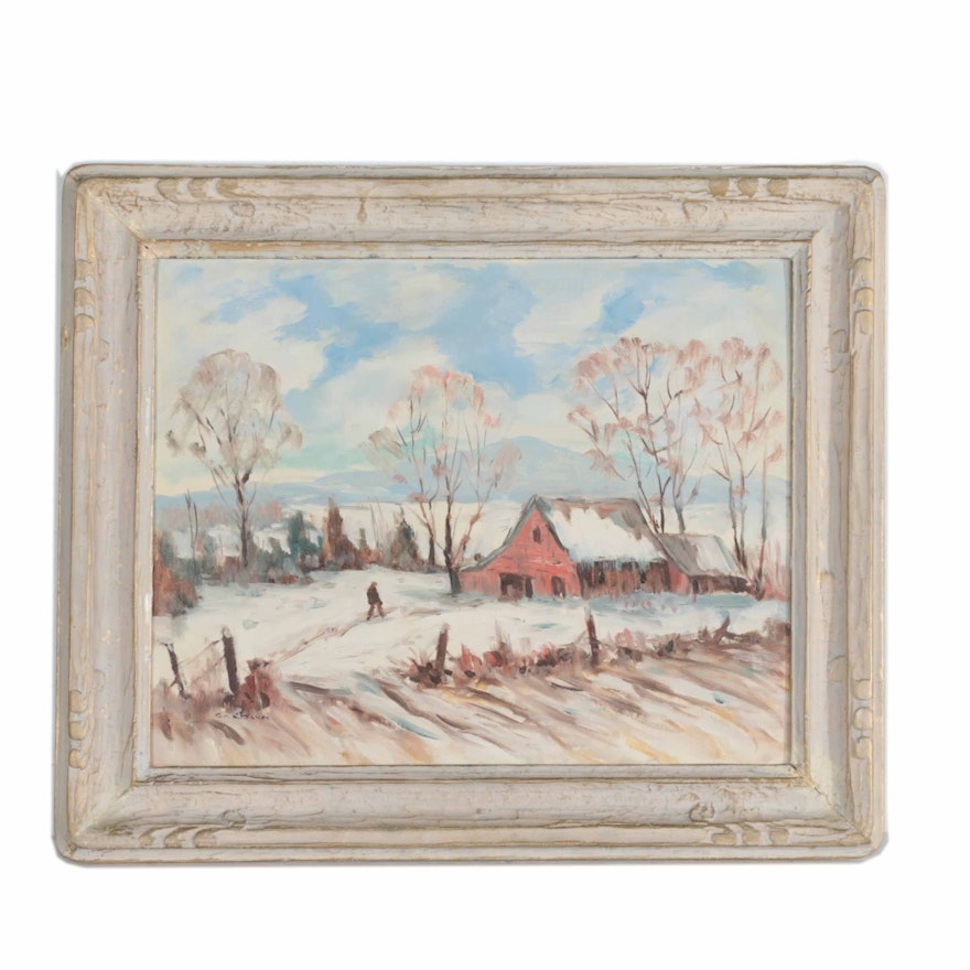 George C. Baum Oil Painting of a Snowy Farmscape