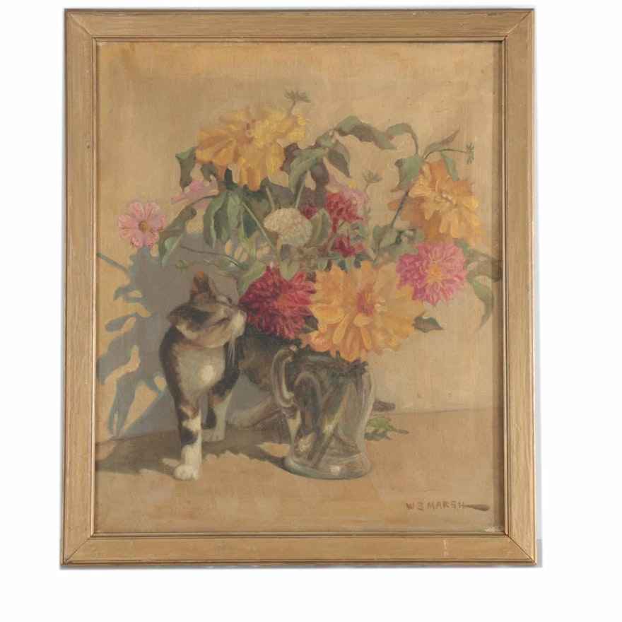 W.S. Marsh Mid-Century Oil Painting on Canvas "Floral Still Life With Cat"