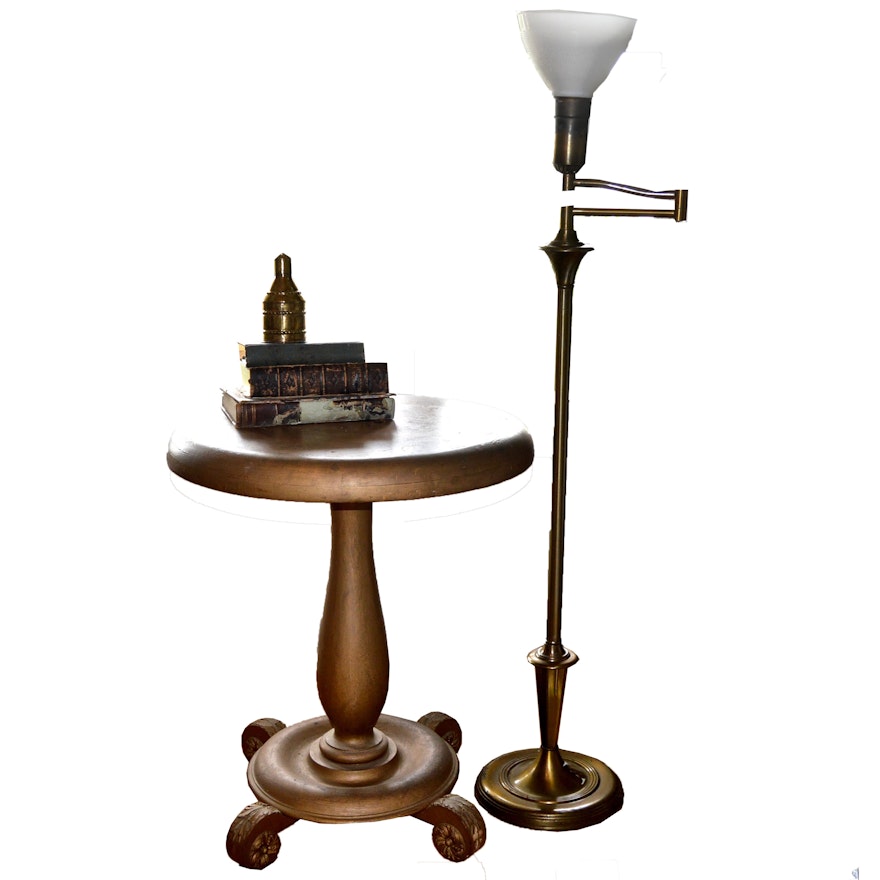Gilt Pedestal Table, Brass Swing Arm Lamp and Antique Books