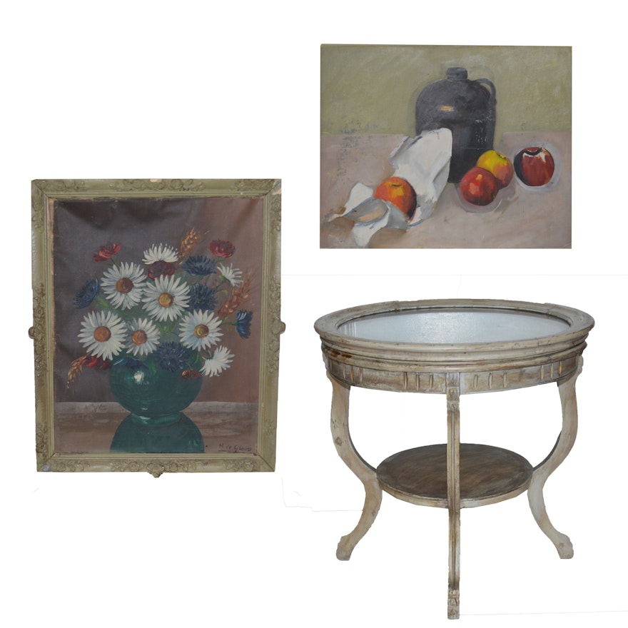 Distressed Accent Table and Three Original Oil Paintings