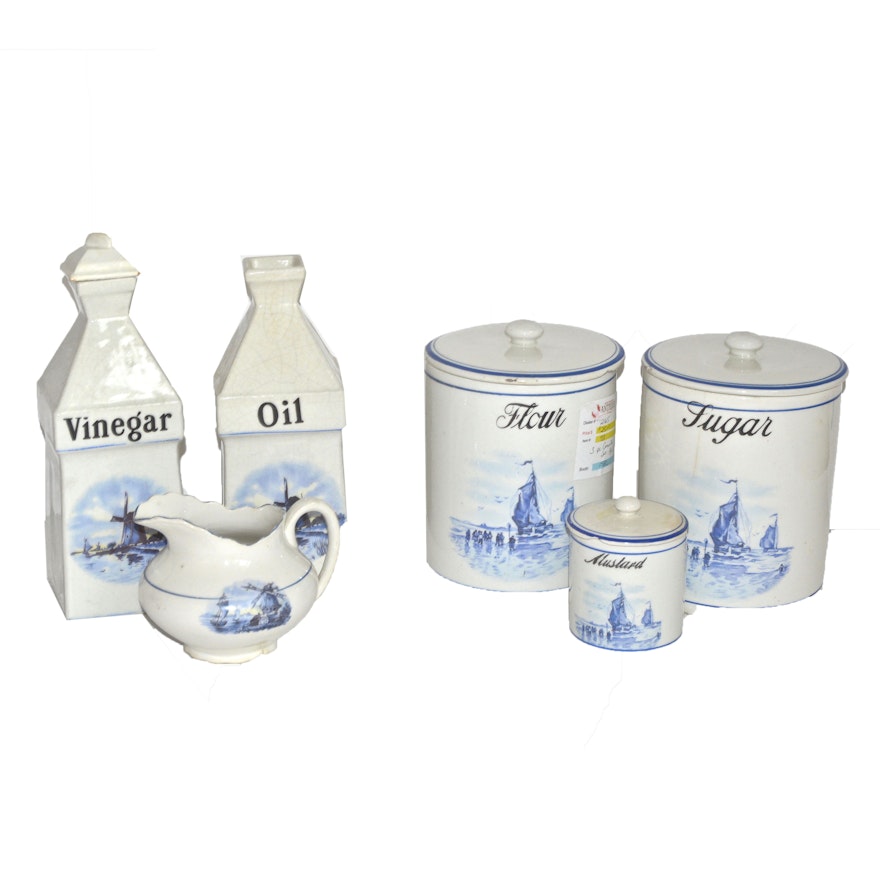 German Blue and White Pottery Canisters and Oil and Vinegar Jars