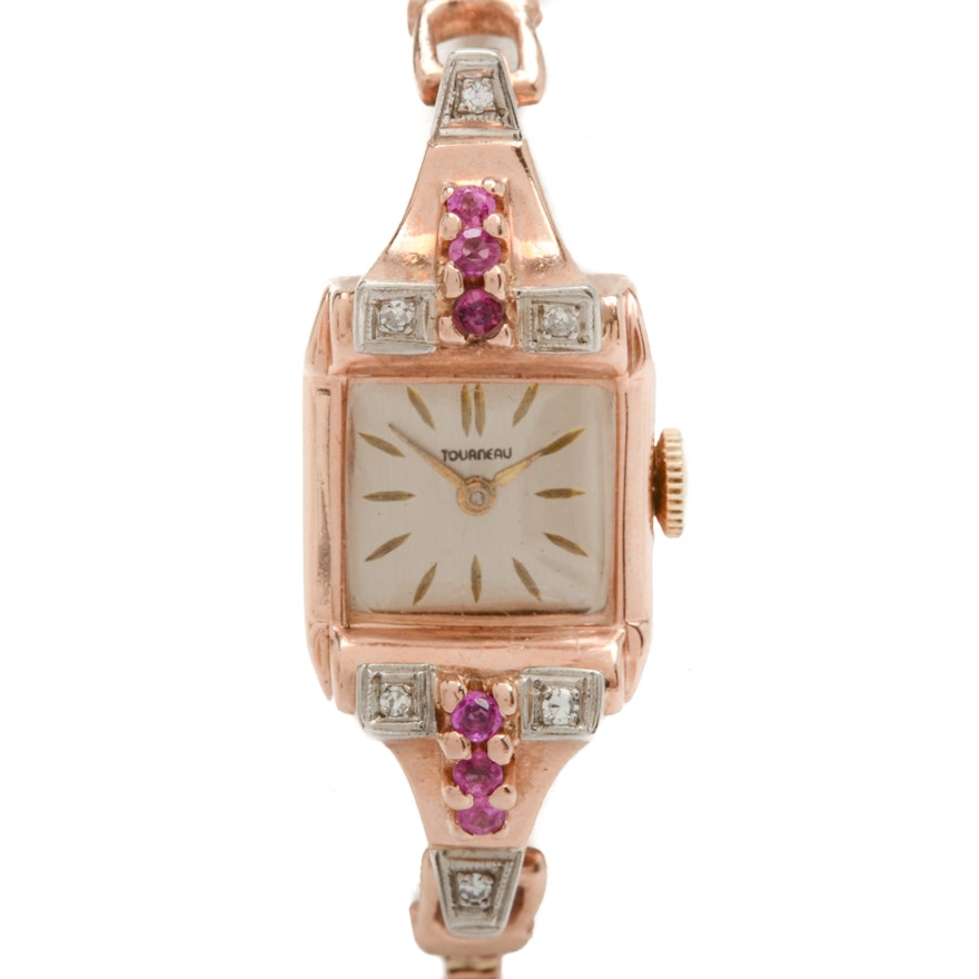 14K Rose Gold, Ruby and Diamond Tourneau Wristwatch