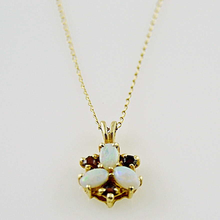 14K Yellow Gold, Opal and Garnet Pendant Necklace