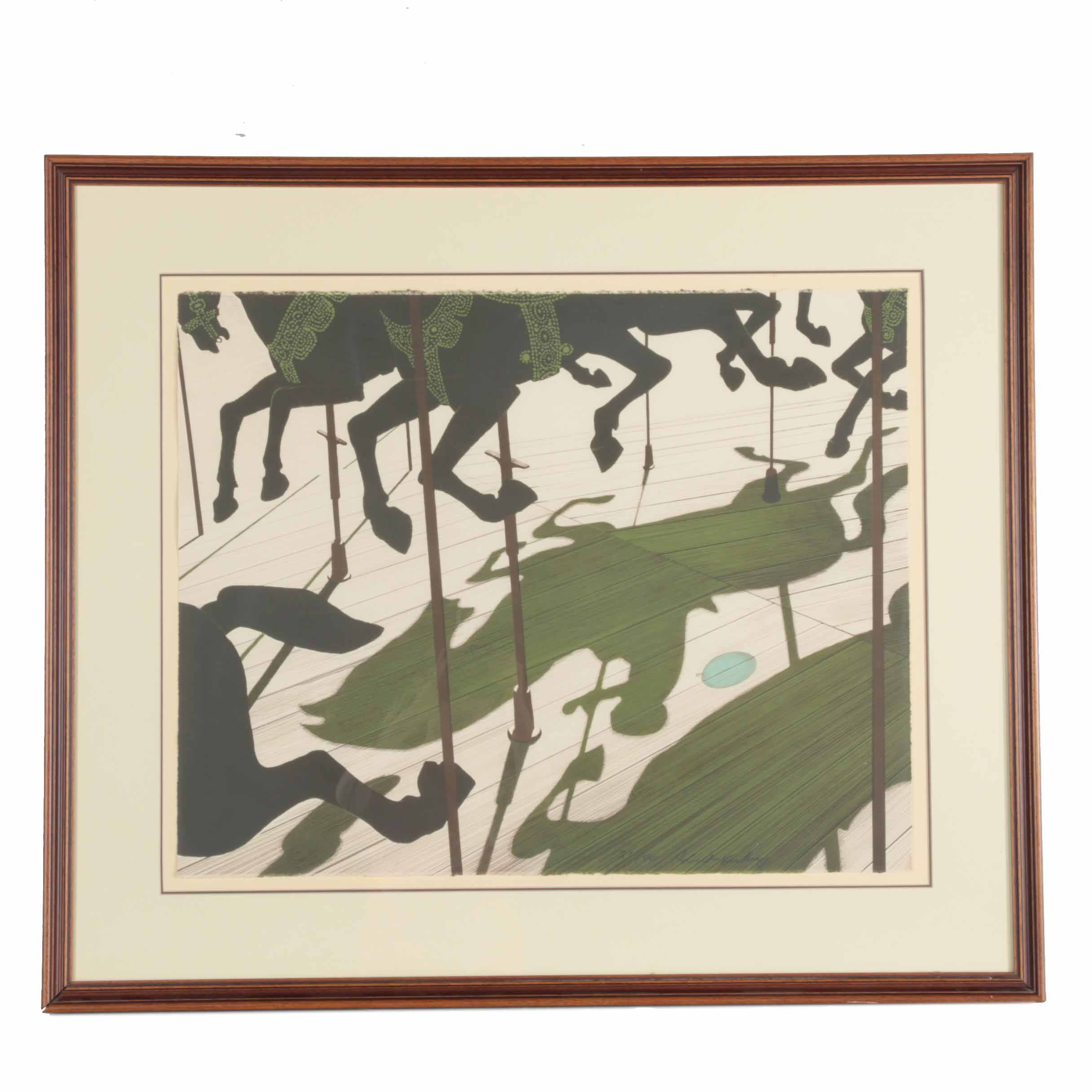 Robert Vickrey Stone Lithograph "Wooden Ponies"