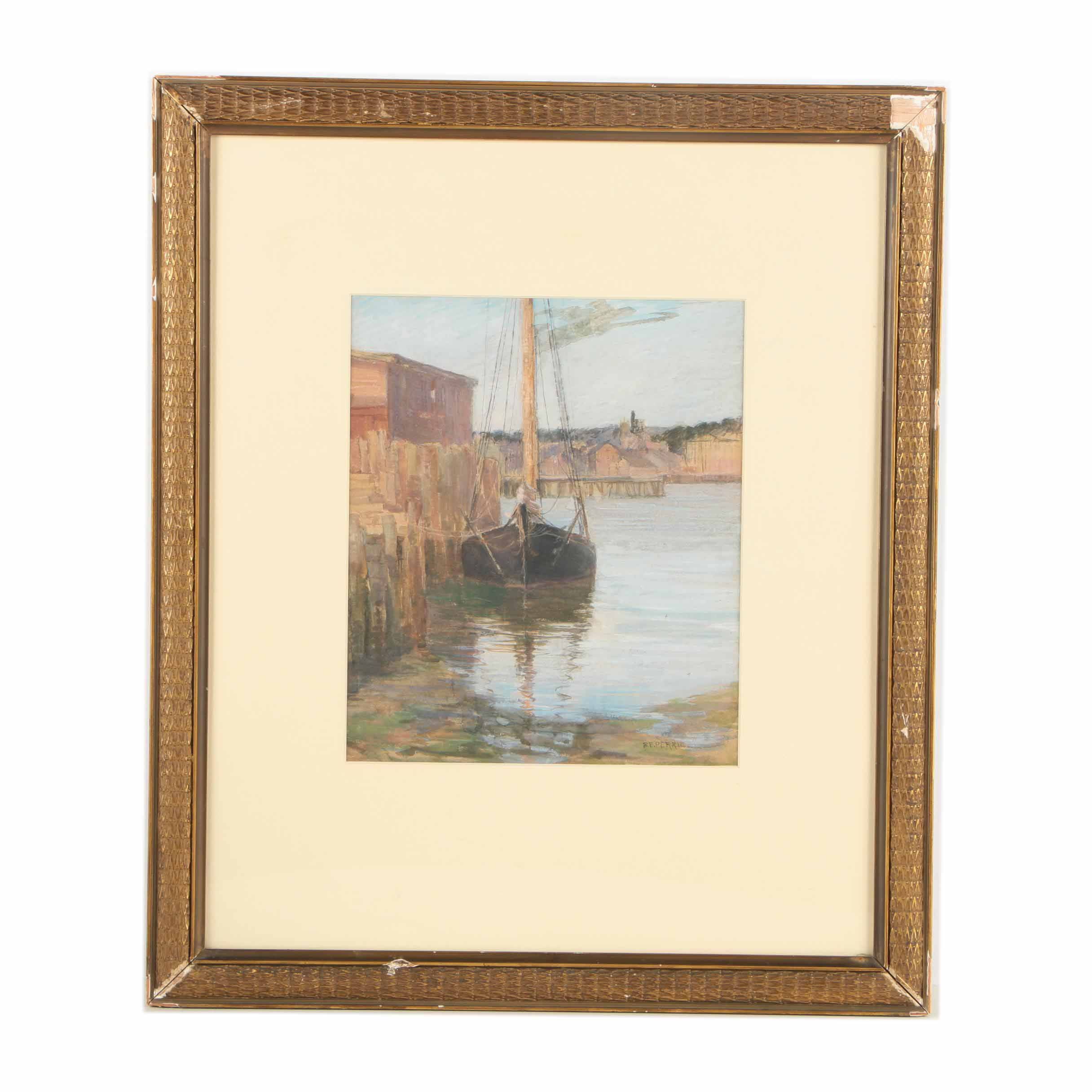 Bertha E. Perrie Watercolor and Gouache Painting "Gloucester Wharf"