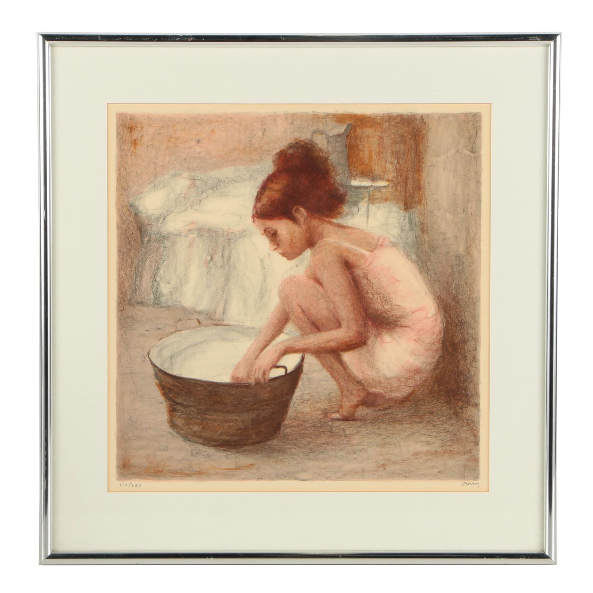 Limited Edition Lithograph on Paper of Woman and Tub