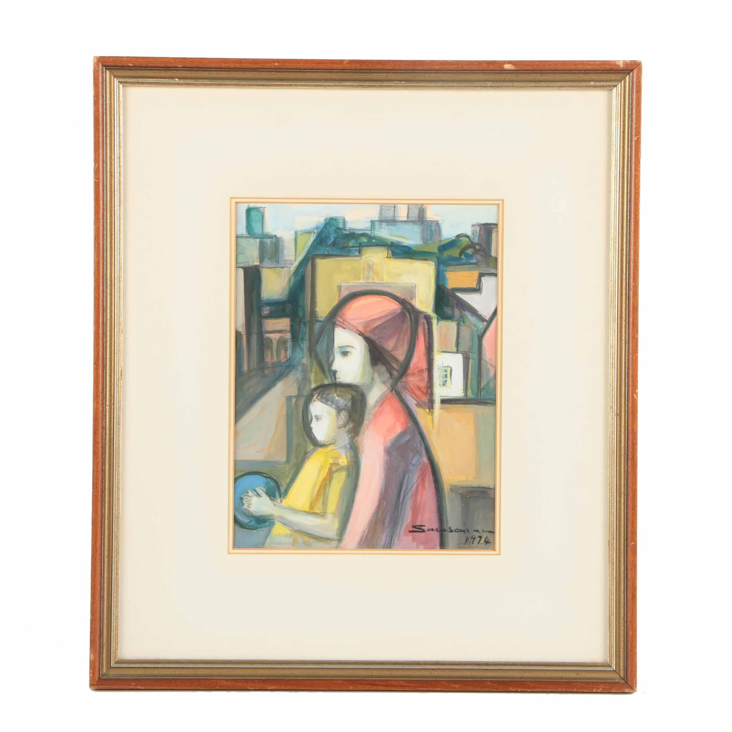 Simon Samsonian Watercolor and Gouache Painting of Figures