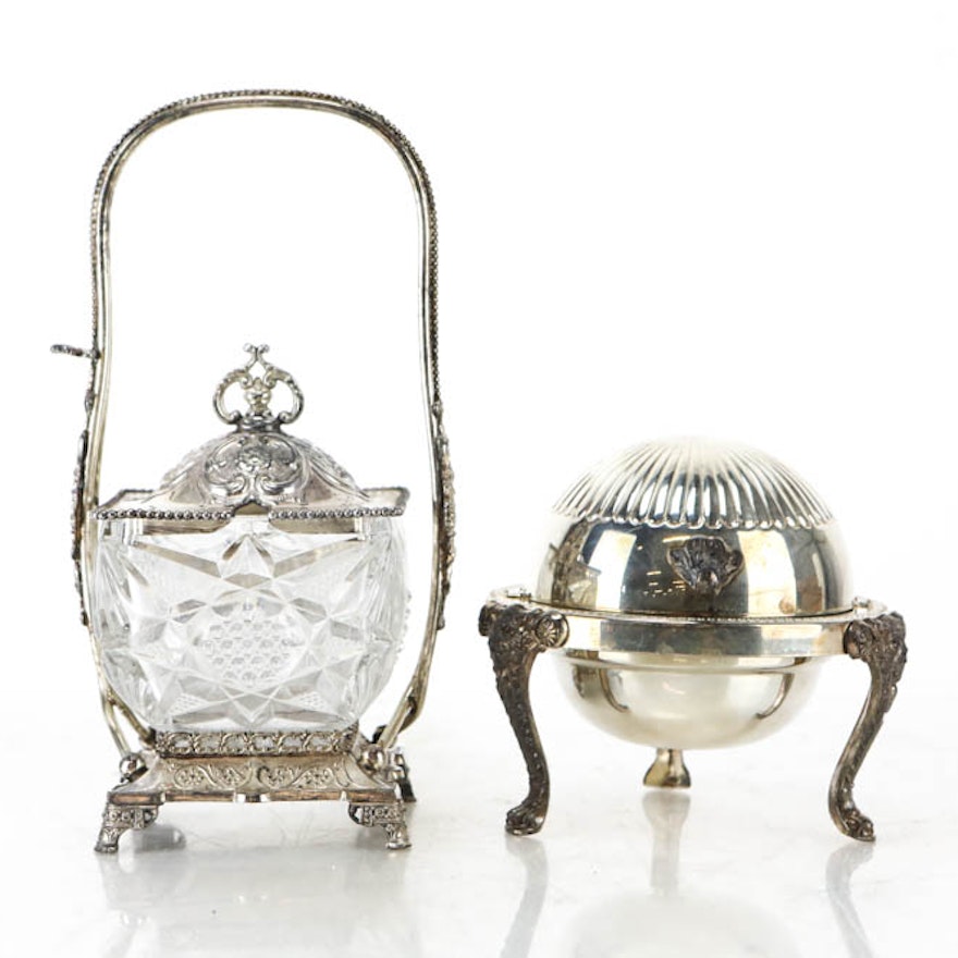 Crystal and Silver Plate Condiment Dish and Silver Plate Dome Butter Dish