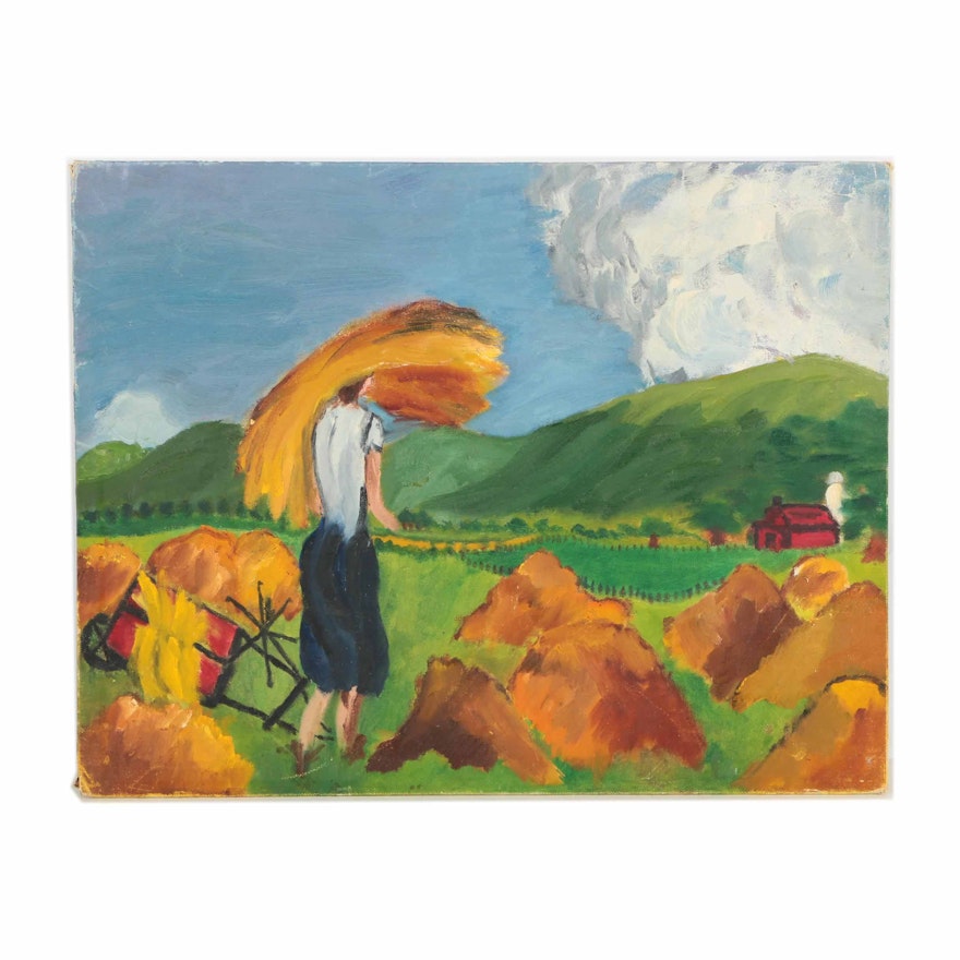 Oil Painting of a Woman Carrying Hay