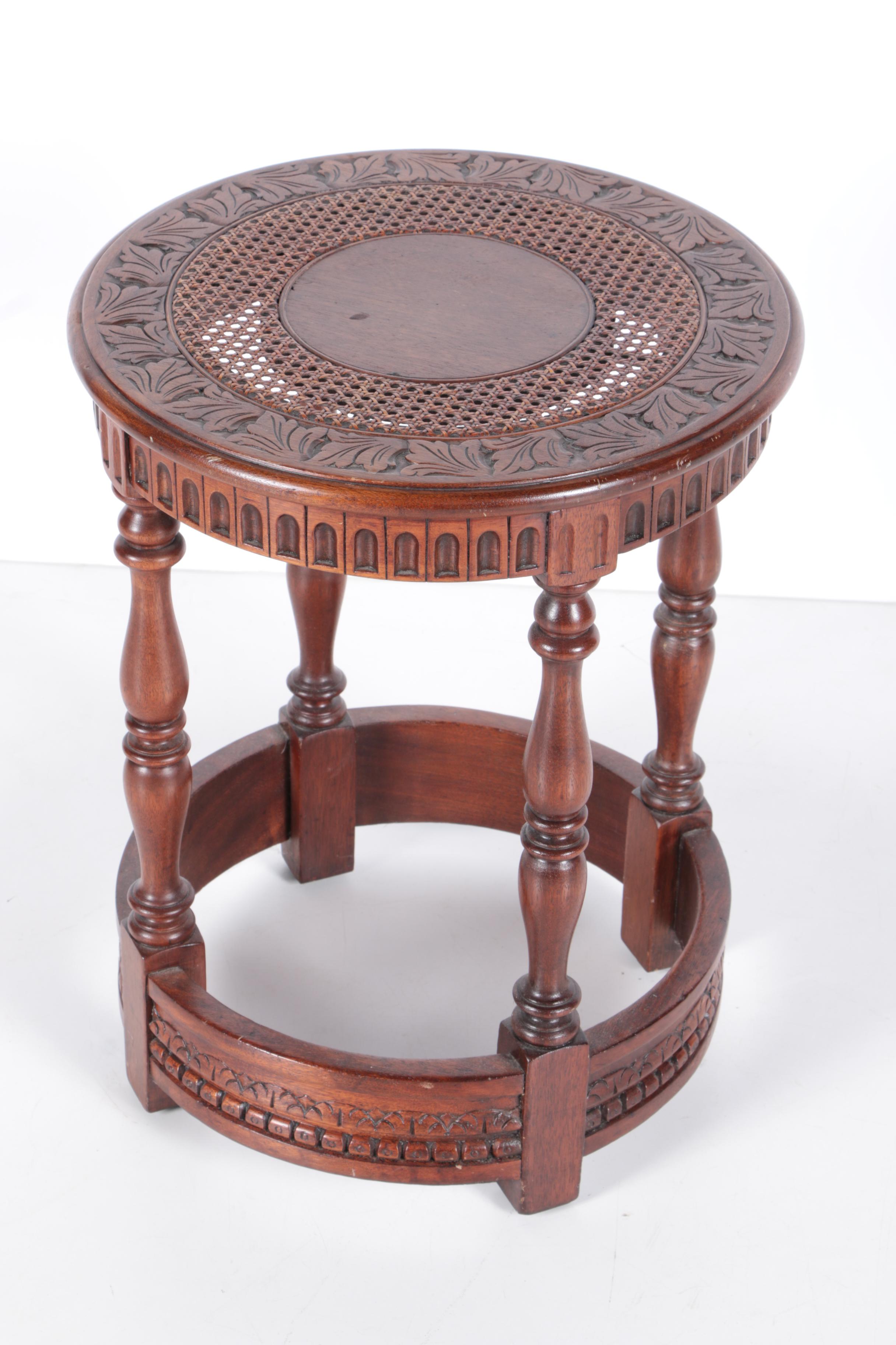 Vintage Asian Inspired Carved Hardwood Side Table with Caned Top