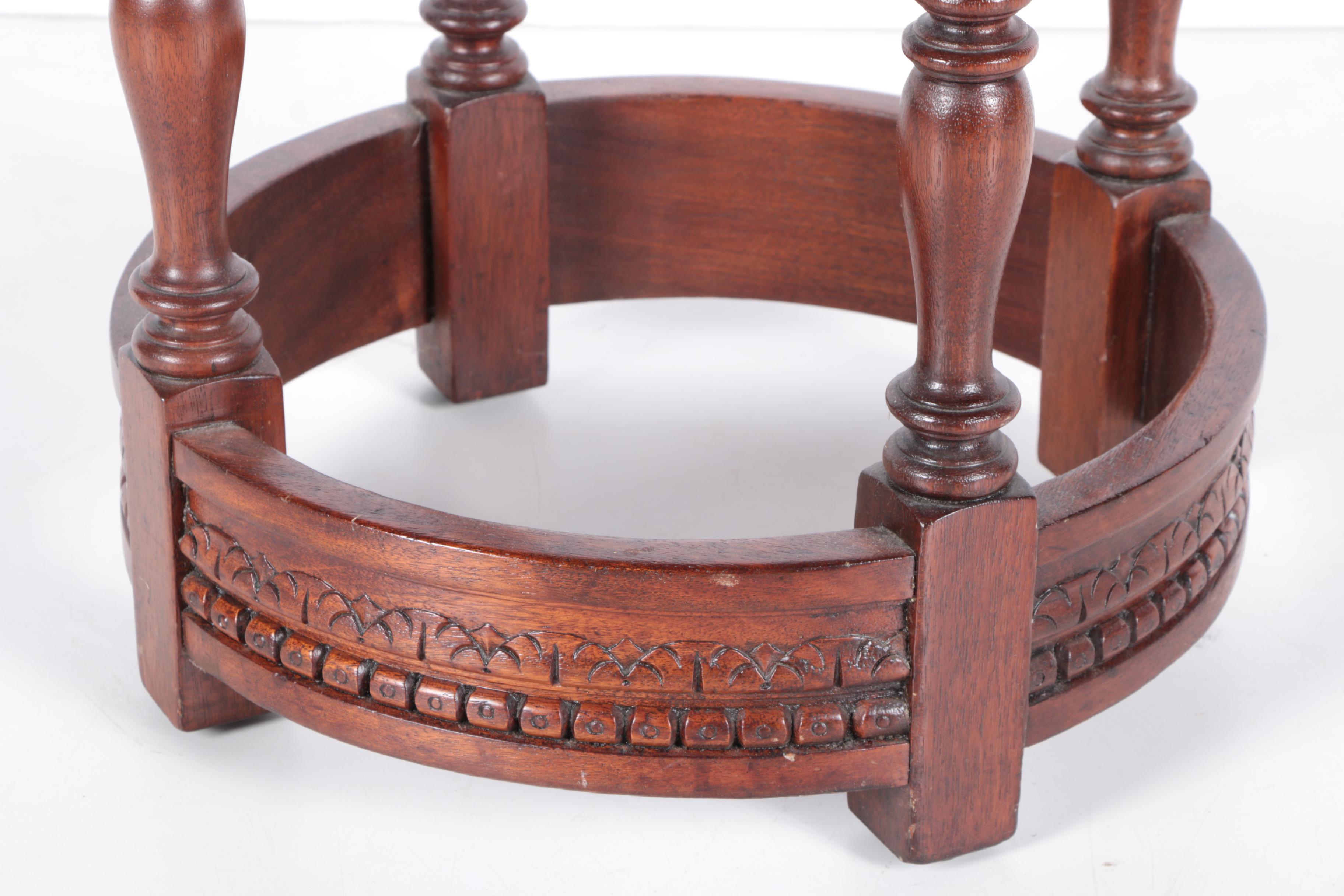 Vintage Asian Inspired Carved Hardwood Side Table with Caned Top