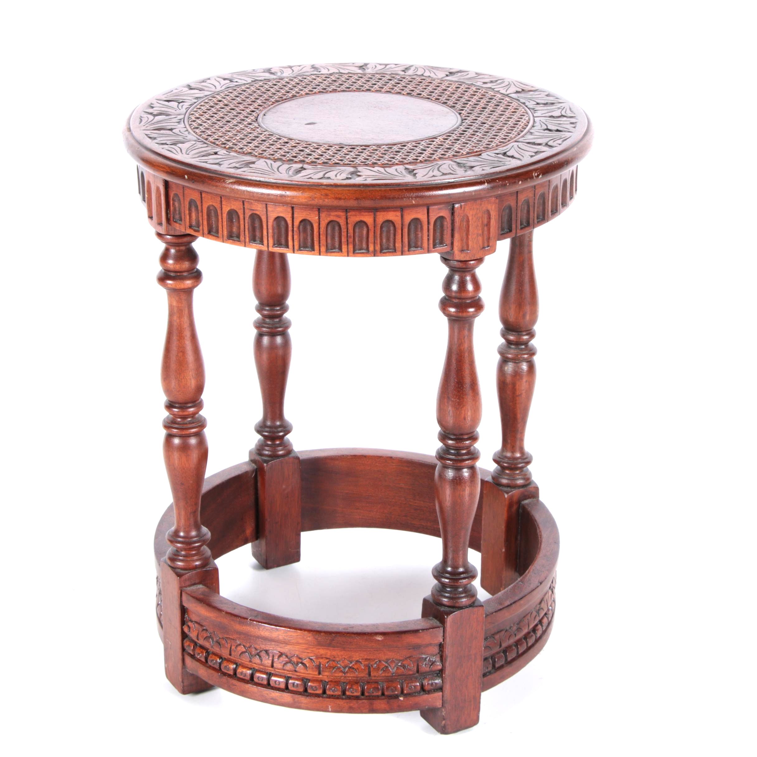 Vintage Asian Inspired Carved Hardwood Side Table with Caned Top