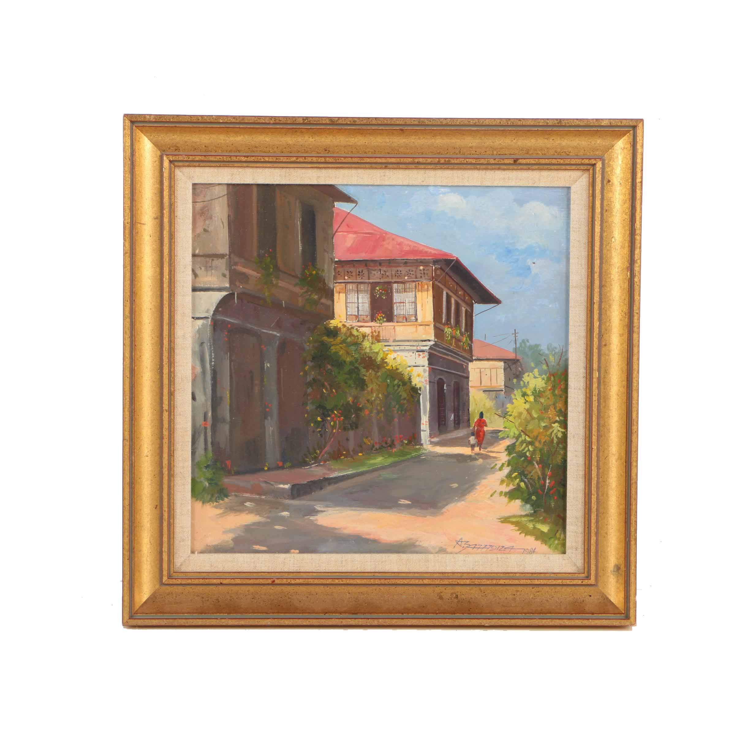 Oil on Board Painting of Street Scene