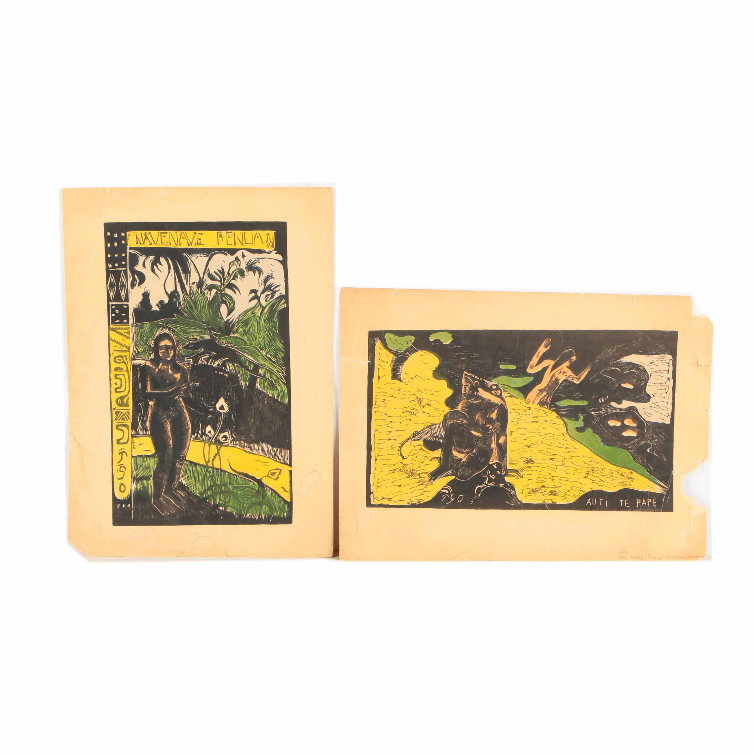 Pair of Serigraph Prints on Paper After Paul Gauguin Woodblocks for "Noa Noa"