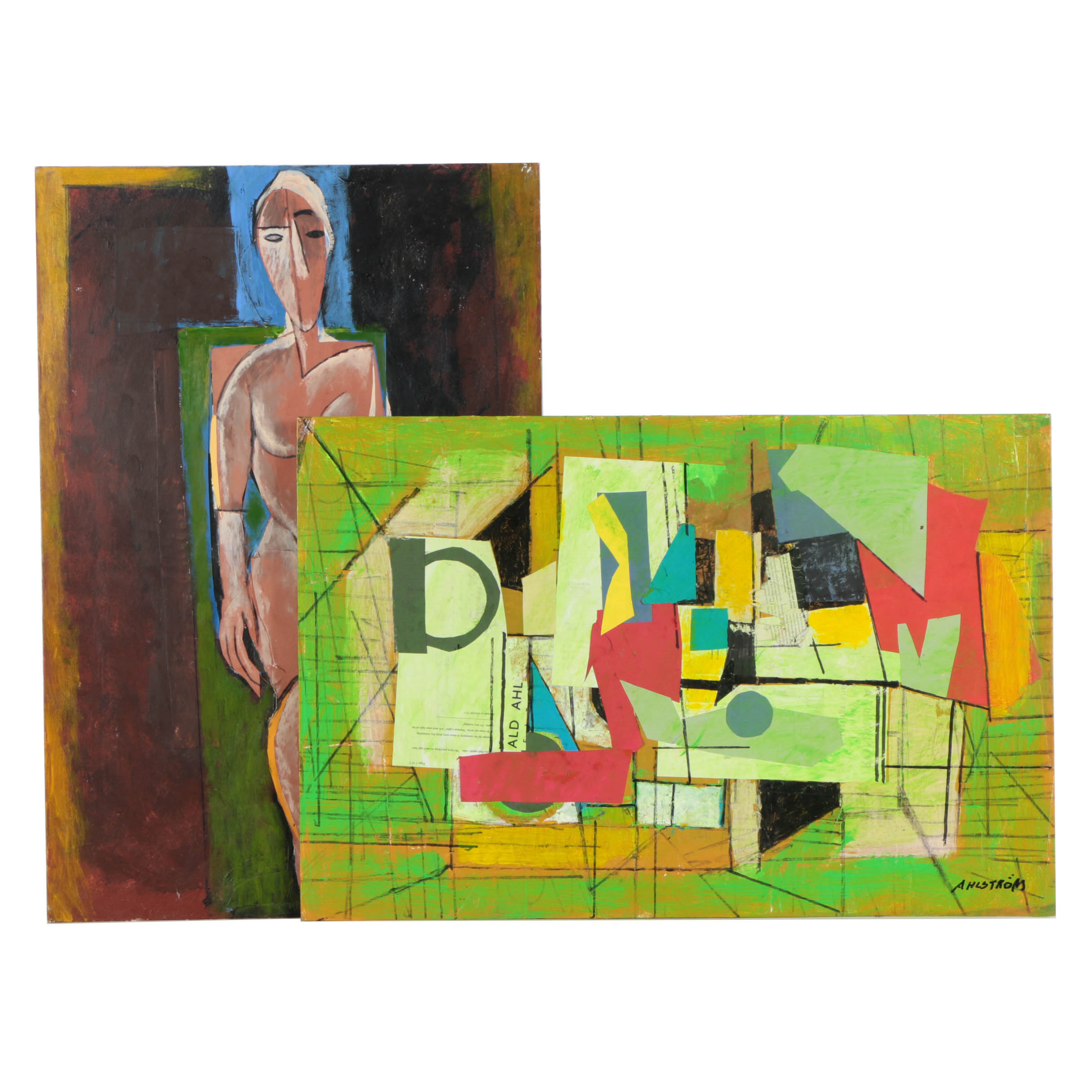 Ronald Ahlström Mixed Media Collages on Canvas Board "Untitled / Figure"