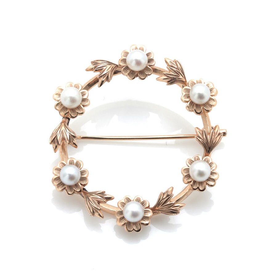 Mikimoto 14K Yellow Gold Pearl Wreath Brooch