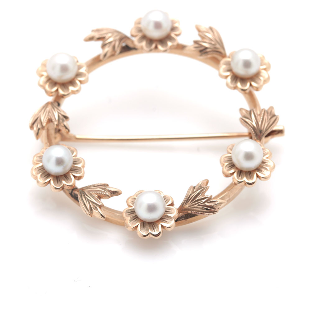Mikimoto 14K Yellow Gold Pearl Wreath Brooch