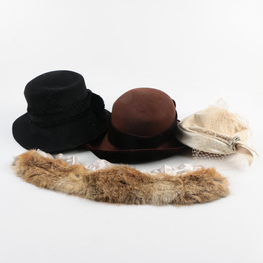 Assortment of Women's Vintage Hats and Rabbit Fur Collar