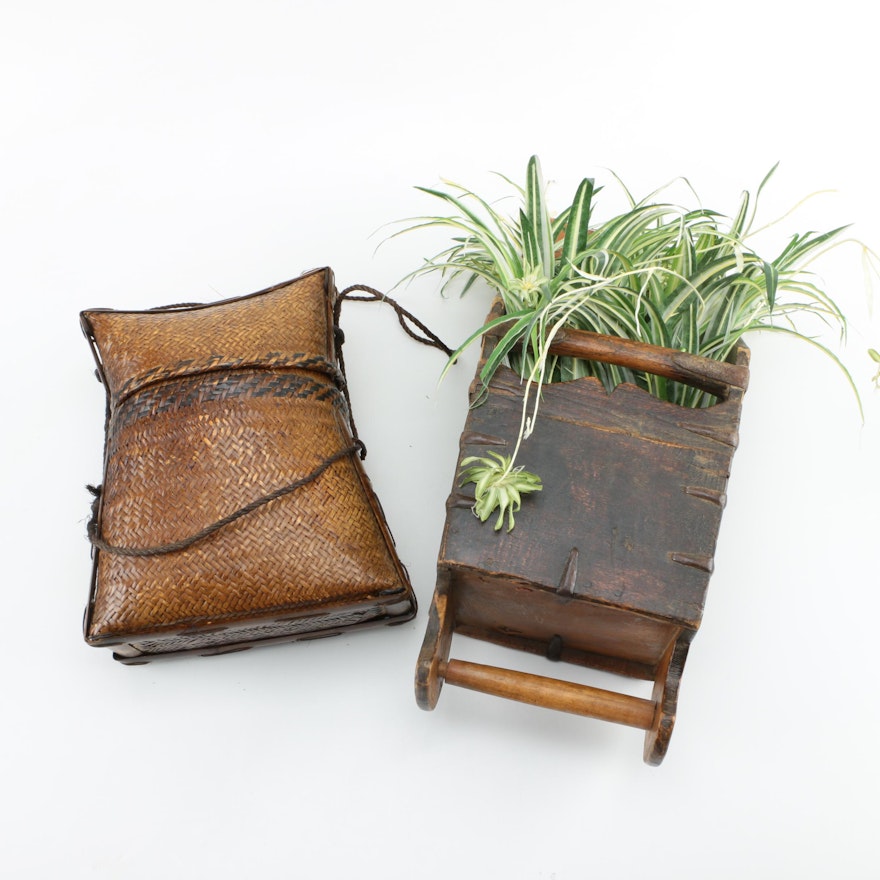 Hanging Decorative Plant And Woven Basket Bag