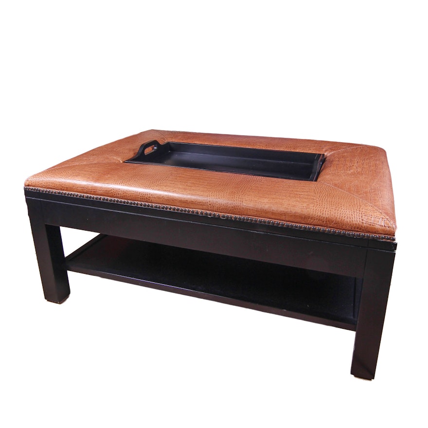 Crocodile Leather and Wood Ottoman