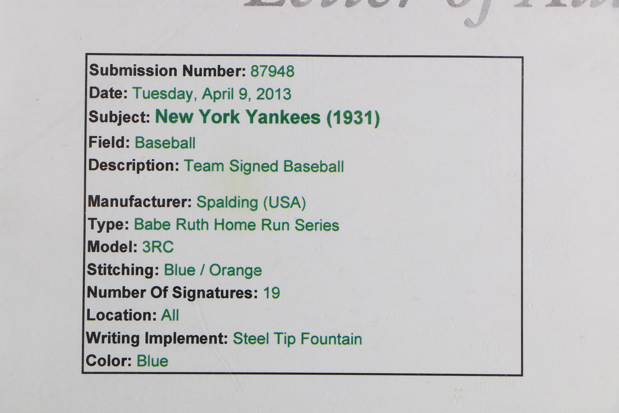 1931 Yankees Signed Baseball Including Babe Ruth and Lou Gehrig