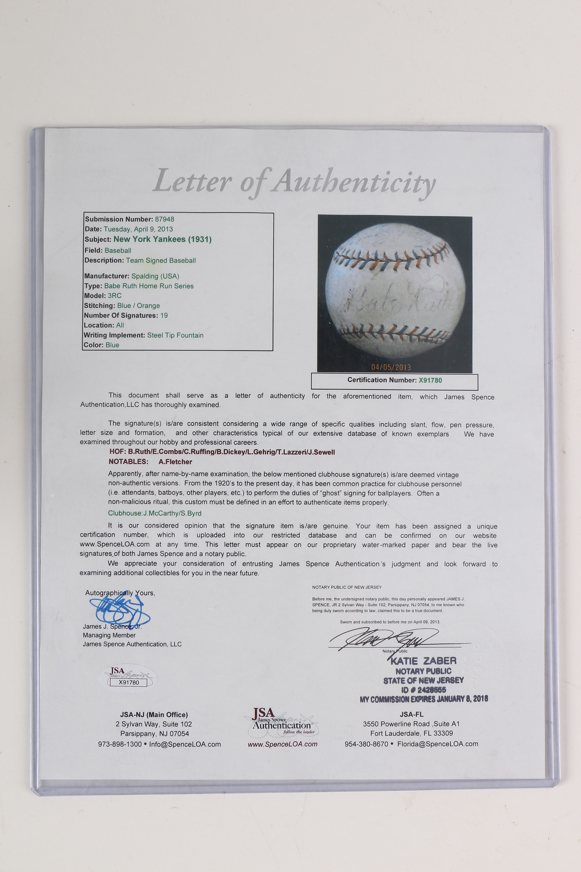 1931 Yankees Signed Baseball Including Babe Ruth and Lou Gehrig