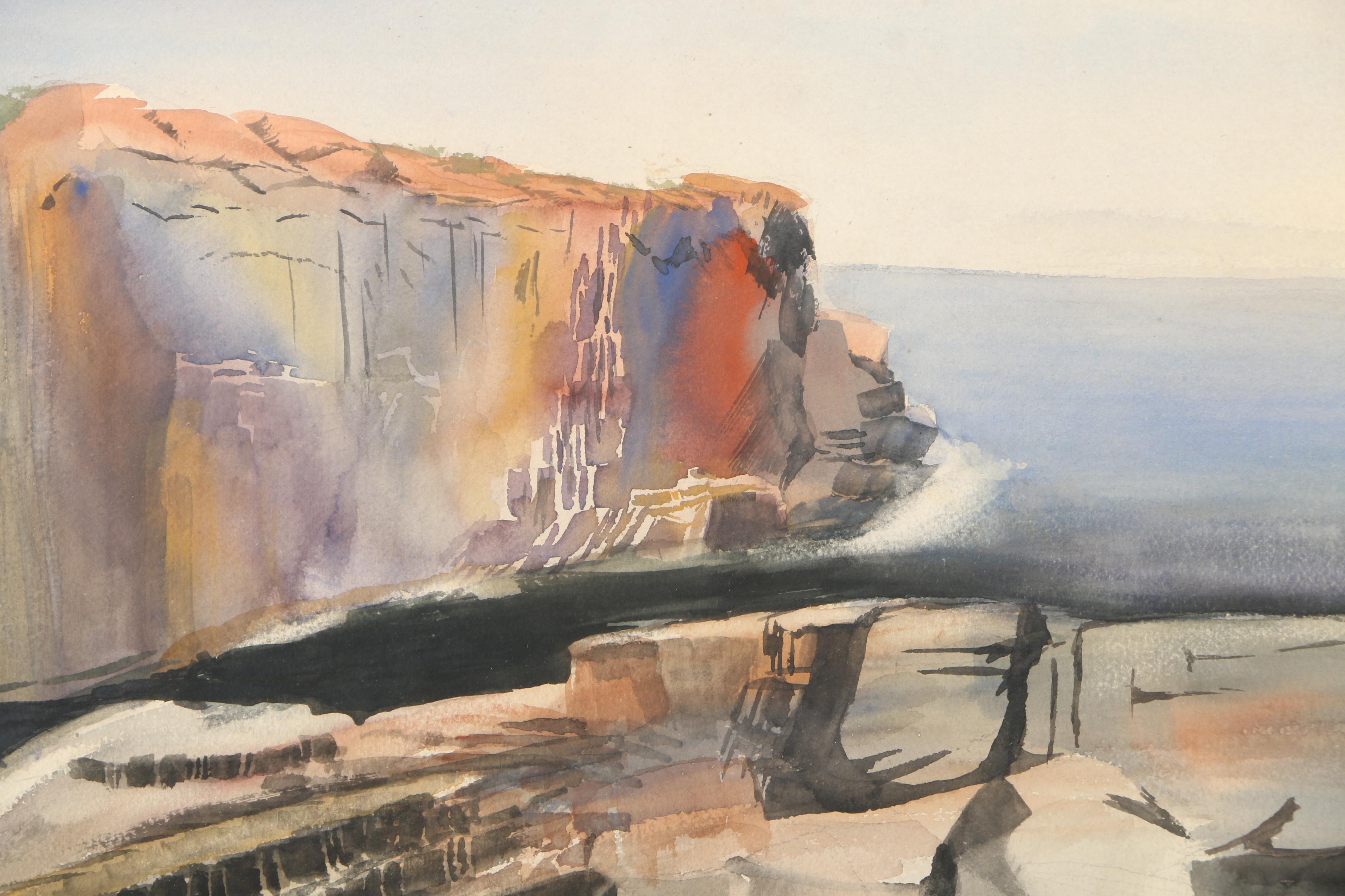Vintage Watercolor Painting on Paper of Cliffs Overlooking an Ocean Landscape