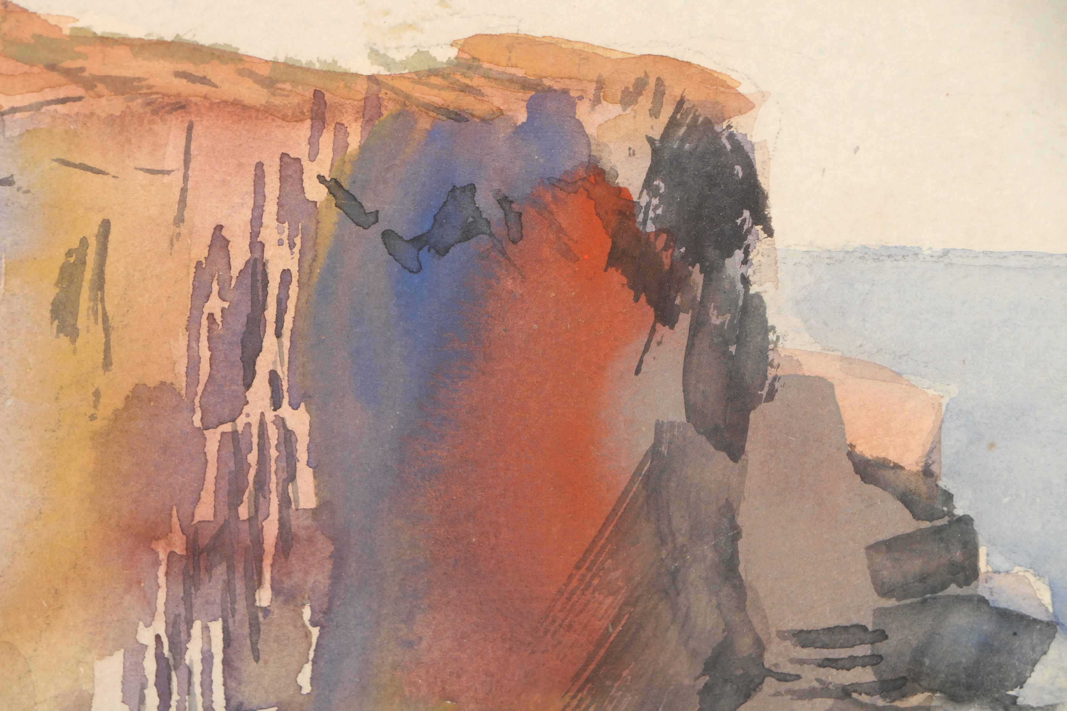 Vintage Watercolor Painting on Paper of Cliffs Overlooking an Ocean Landscape