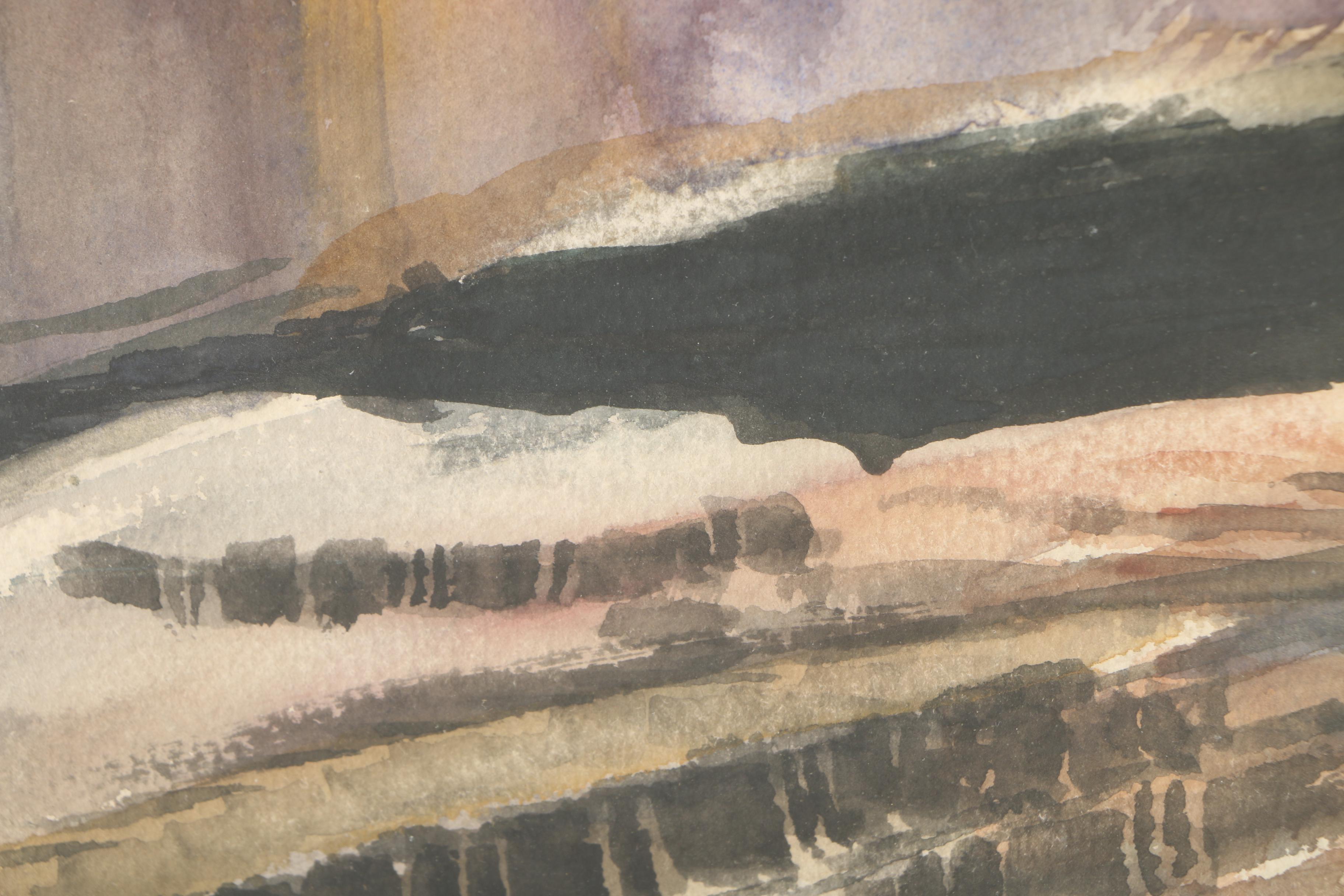 Vintage Watercolor Painting on Paper of Cliffs Overlooking an Ocean Landscape